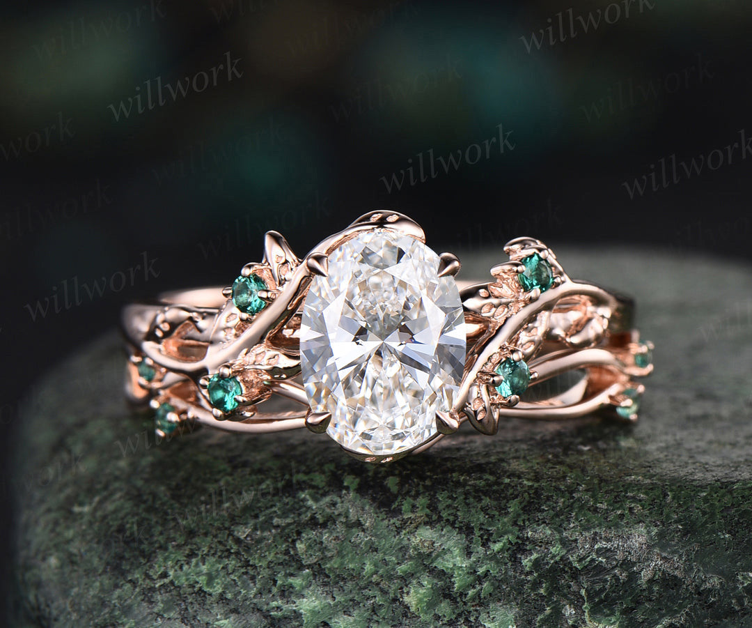 Oval Cut IGI Lab Grown Diamond Engagement Ring Set Twig Leaf Ring Art Deco Emerald Wedding Bridal Set