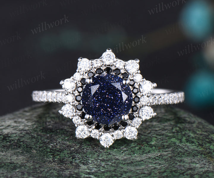 Galaxy Round Blue Sandstone Engagement Ring Unique Black Diamond Spinel Moissanite Double Halo Wedding Ring Art Deco Healing Half Eternity Bridal Ring