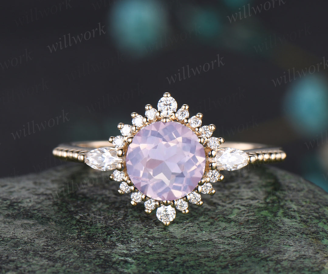 Vintage Round Cut Lavender Amethyst Engagement Ring Set Antique February Birthstone Purple Crystal Moissanite Halo Ring Milgrain 3pcs Bridal Ring Set