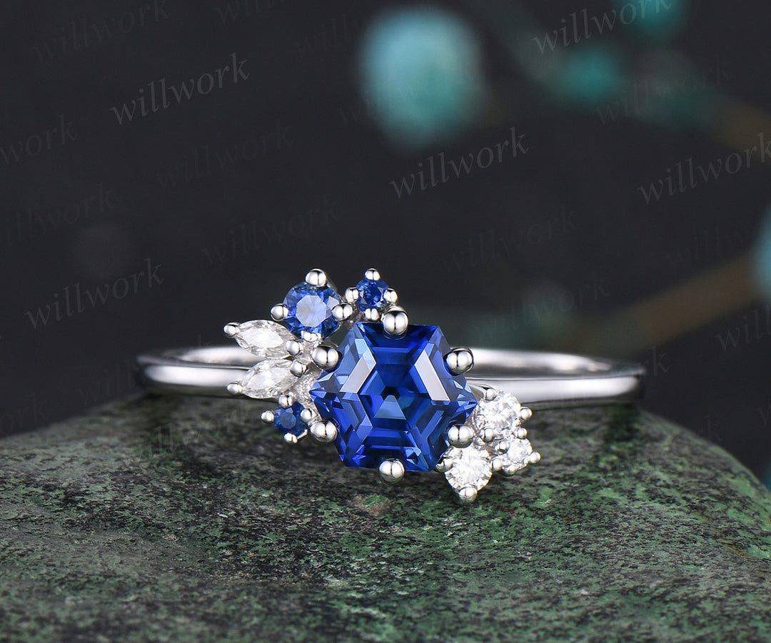 READY TO SHIP: Hexagon Blue Sapphire Engagement Ring - Sterling Silver - Ring Size: 6.75)