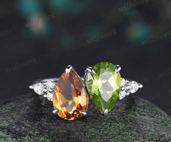 Unique pearcut citrine engagement ring teardrop peridot Toi et Moi ring dainty anniversary ring women