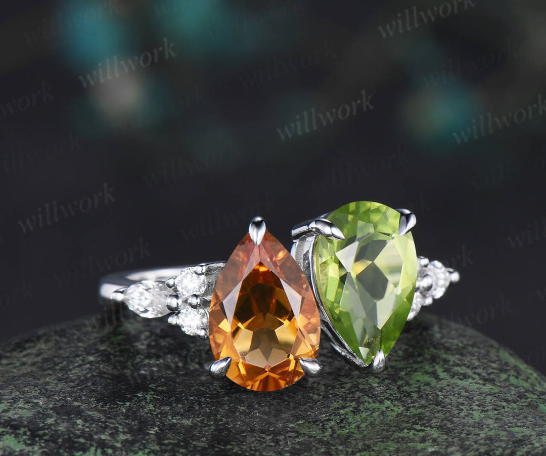 Unique pearcut citrine engagement ring teardrop peridot Toi et Moi ring dainty anniversary ring women