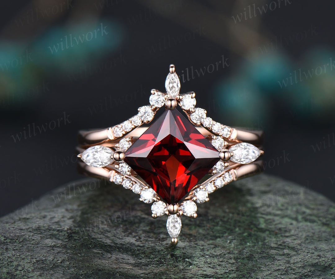 Princess cut garnet engagement ring set men garnet eternity band couple ring wedding set anniversary gifts