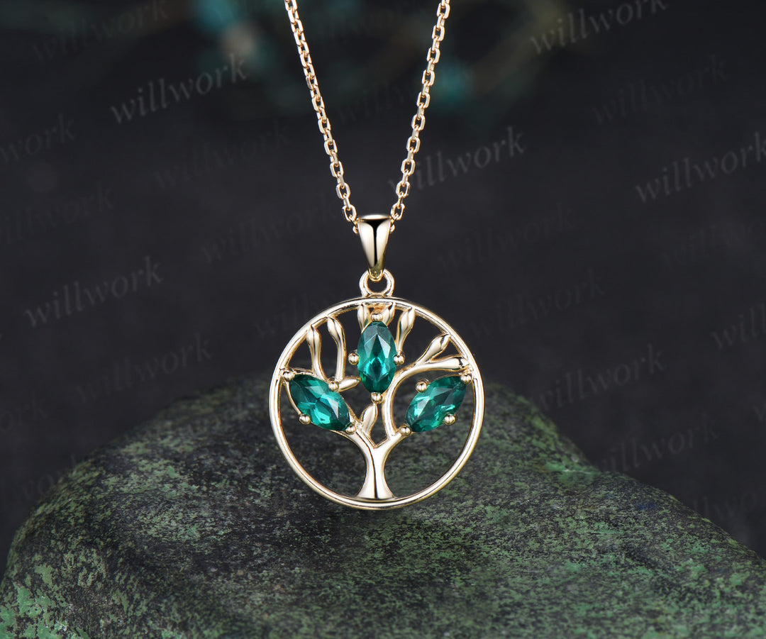 Marquise Emerald Family Tree Pendant Necklace May Birthstone Necklace Symbolic Tree of Life Jewelry