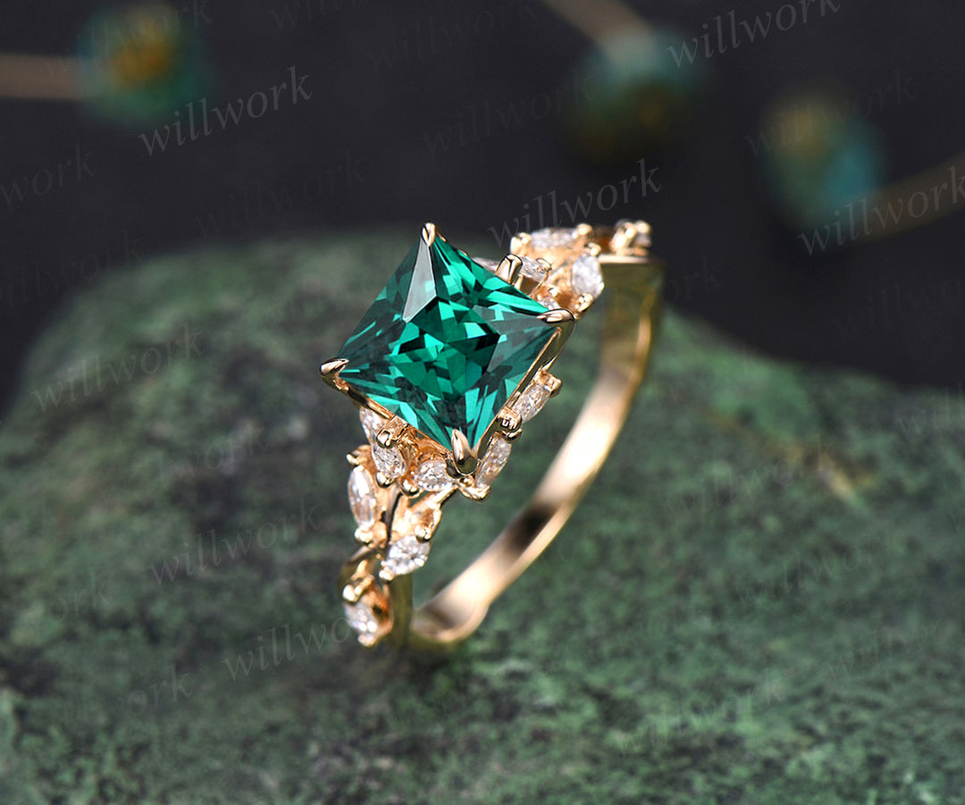 Unique princess cut emerald engagement ring marquise moissanite cluster twig floral ring May birthstone anniversary wedding ring