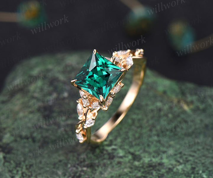Unique princess cut emerald engagement ring marquise moissanite cluster twig floral ring May birthstone anniversary wedding ring