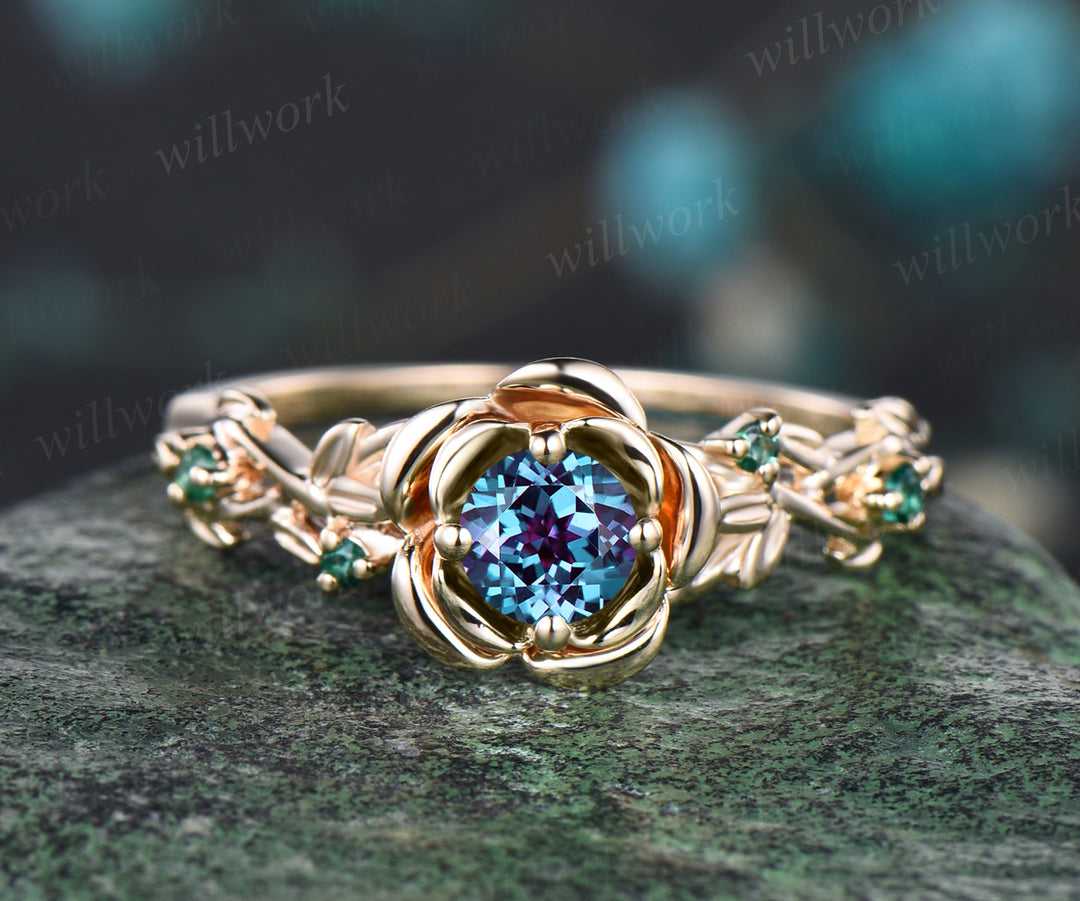 Art Deco June Birthstone Round Alexandrite Engagement Ring Set Emerald Amethyst Leaf Floral Vine Twig Branch Nature Inspired Ring Rose Flower Bridal Ring