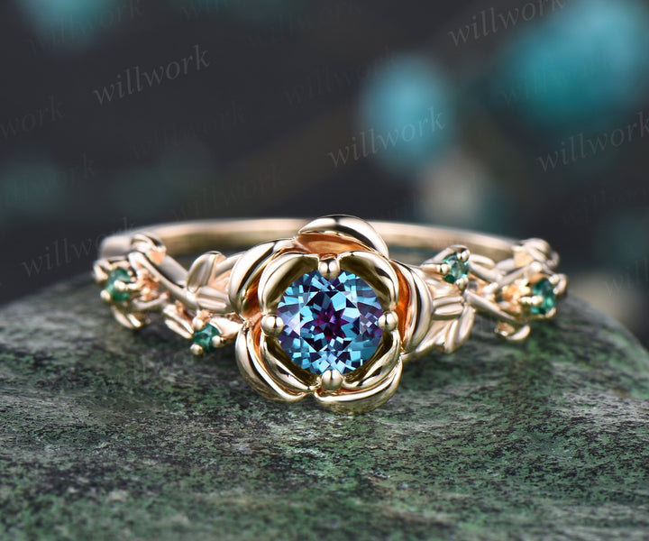 Art Deco June Birthstone Round Alexandrite Engagement Ring Set Emerald Amethyst Leaf Floral Vine Twig Branch Nature Inspired Ring Rose Flower Bridal Ring