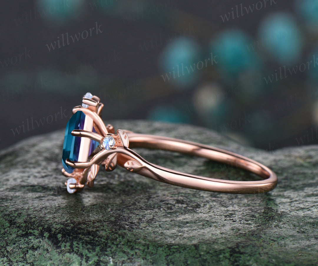 Unique Leaf Floral Vine Twig Branch Nature Inspired Ring Hexagon Cut June Birthstone Alexandrite Engagement Ring Natural Moonstone Five Stone Bridal Ring
