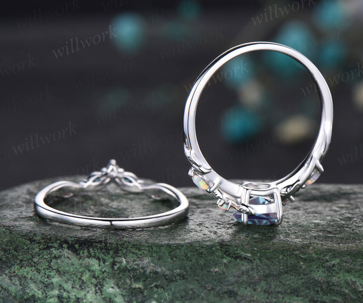 Vintage June Birthstone Pear Cut Alexandrite Engagement Ring Set Five Stone Opal Wedding Band Nature Inspired 2pcs Bridal Ring Set Vine Twig Branch Leaf Promise Ring Set