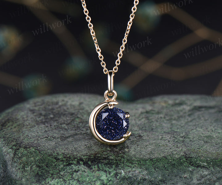 Round cut blue sandstone pendant necklace dainty moon yellow gold pendant unique crescent necklace best friend gifts jewelry