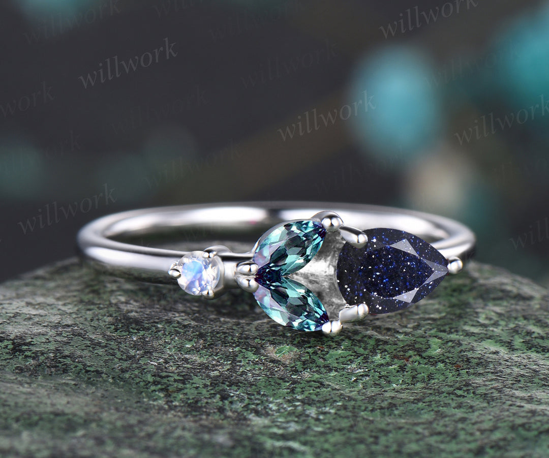 Dainty Pear Cut Galaxy Blue Sandstone Wedding Band Unique Rose Flower Floral Leaf Wedding Ring Minimalist June Birthstone Alexandrite Moonstone Promise Ring Anniversary Gift For Women