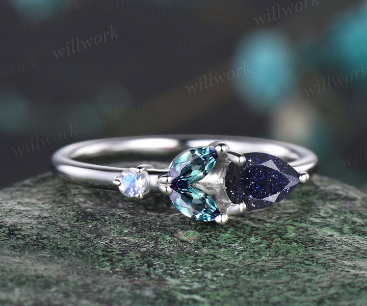 Dainty Pear Cut Galaxy Blue Sandstone Wedding Band Unique Rose Flower Floral Leaf Wedding Ring Minimalist June Birthstone Alexandrite Moonstone Promise Ring Anniversary Gift For Women