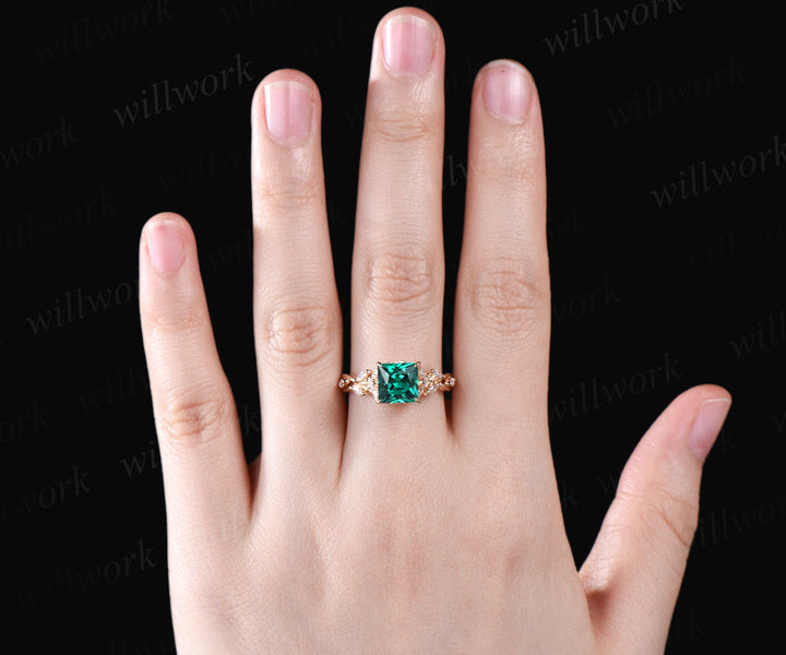 Unique princess cut emerald engagement ring marquise moissanite cluster twig floral ring May birthstone anniversary wedding ring