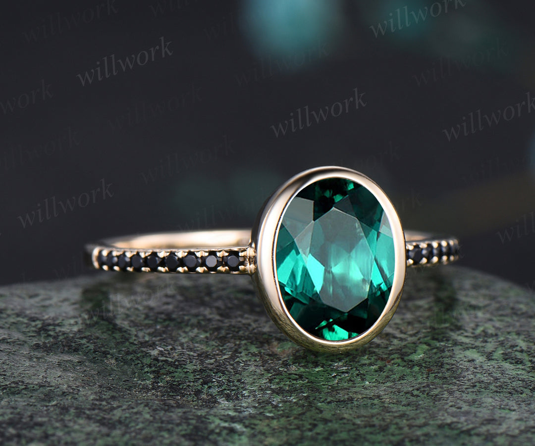 Oval Cut Green Emerald Engagement Ring Unique Black Spinel Diamond Half Eternity Ring Bezel Set Promise Ring