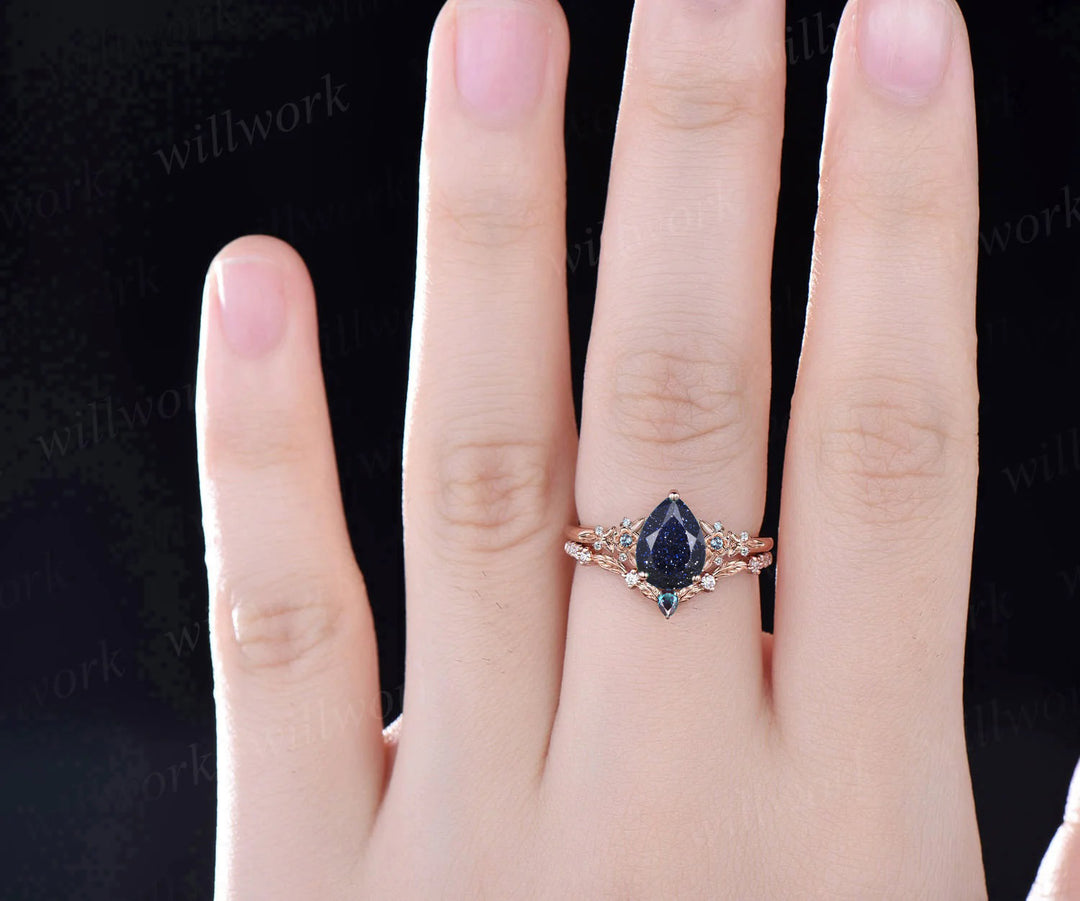Unique Leaf Flower Nature Inspired Ring Teardrop Blue Sandstone Engagement Ring Set Art Deco Alexandrite Moissanite Galaxy Healing Jewelry