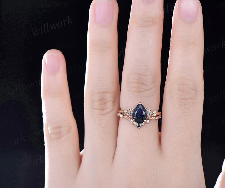 Unique Leaf Flower Nature Inspired Ring Teardrop Blue Sandstone Engagement Ring Set Art Deco Alexandrite Moissanite Galaxy Healing Jewelry