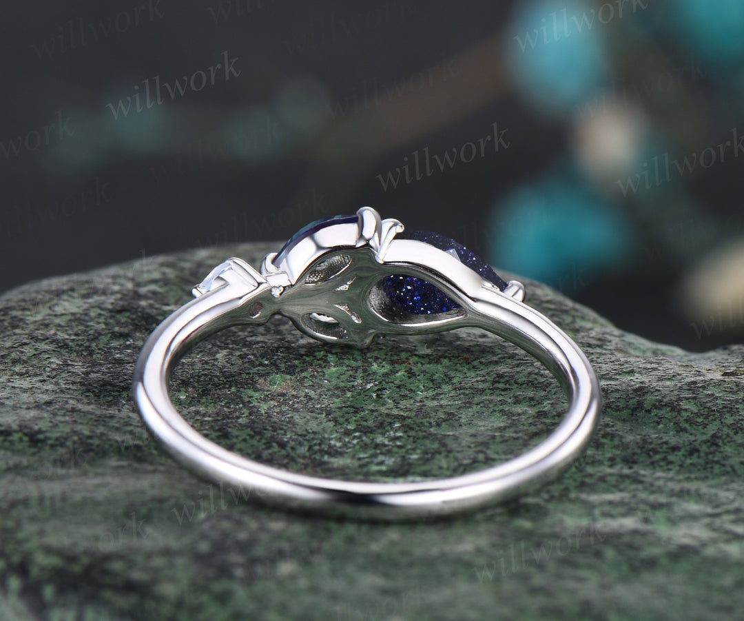 Dainty Pear Cut Galaxy Blue Sandstone Wedding Band Unique Rose Flower Floral Leaf Wedding Ring Minimalist June Birthstone Alexandrite Moonstone Promise Ring Anniversary Gift For Women