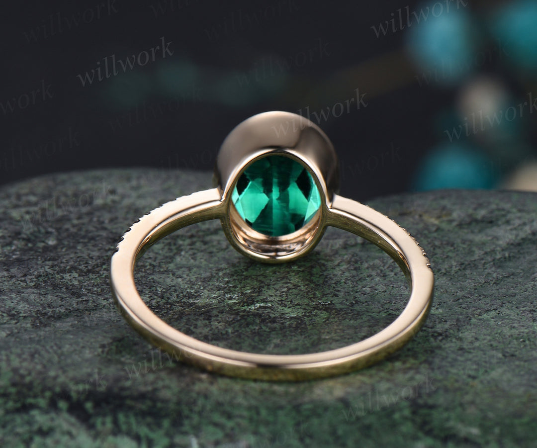 Oval Cut Green Emerald Engagement Ring Unique Black Spinel Diamond Half Eternity Ring Bezel Set Promise Ring