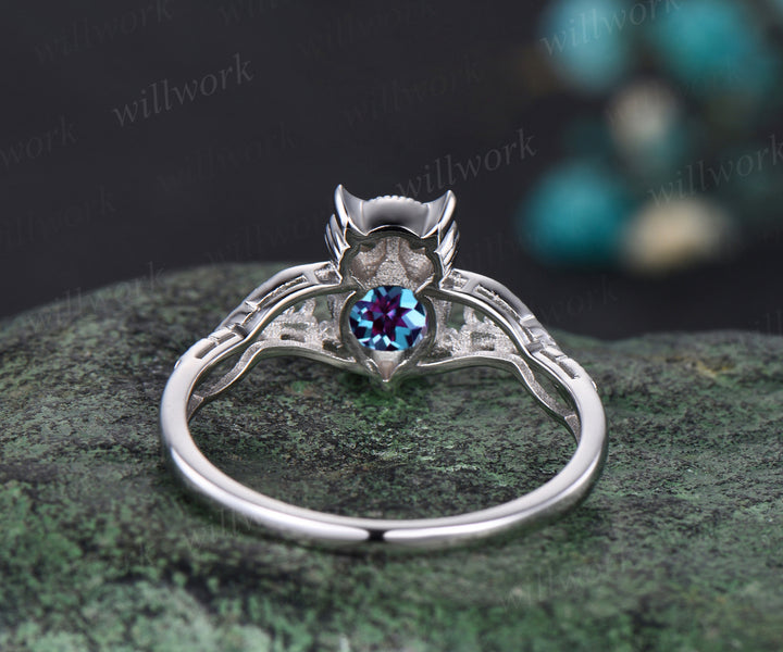 Unique Branch Twig Vine Owl Engagement Ring Round Color-Change Alexandrite Wedding Ring Cute Owl Antique Nature Inspired Alexandrite Jewelry