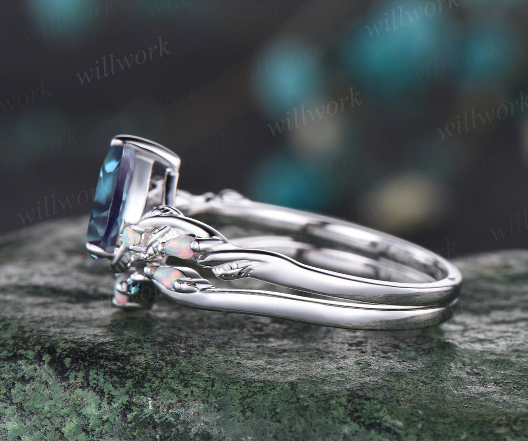 Vintage June Birthstone Pear Cut Alexandrite Engagement Ring Set Five Stone Opal Wedding Band Nature Inspired 2pcs Bridal Ring Set Vine Twig Branch Leaf Promise Ring Set