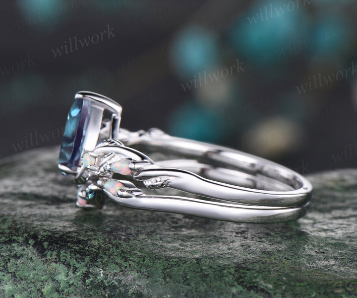 Vintage June Birthstone Pear Cut Alexandrite Engagement Ring Set Five Stone Opal Wedding Band Nature Inspired 2pcs Bridal Ring Set Vine Twig Branch Leaf Promise Ring Set
