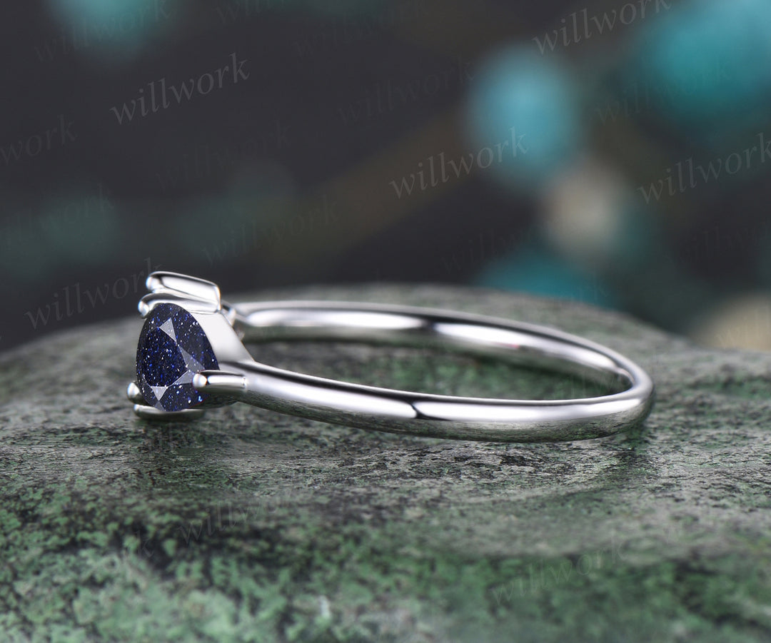 Dainty Pear Cut Galaxy Blue Sandstone Wedding Band Unique Rose Flower Floral Leaf Wedding Ring Minimalist June Birthstone Alexandrite Moonstone Promise Ring Anniversary Gift For Women