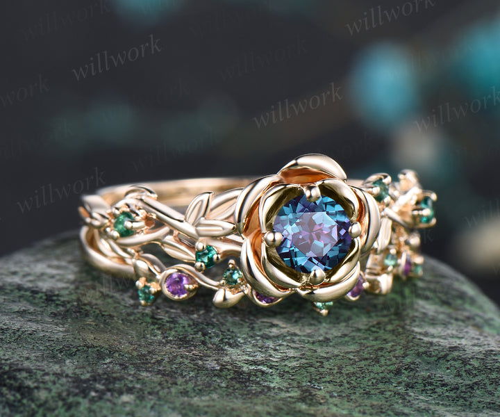 Art Deco June Birthstone Round Alexandrite Engagement Ring Set Emerald Amethyst Leaf Floral Vine Twig Branch Nature Inspired Ring Rose Flower Bridal Ring