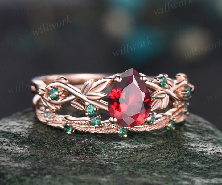 July Birthstone Teardrop Ruby Engagement Ring Set Unique Round Emerald Wedding Ring Leaf Vine Twig Branch Floral Nature Inspired 2pcs Bridal Ring Set