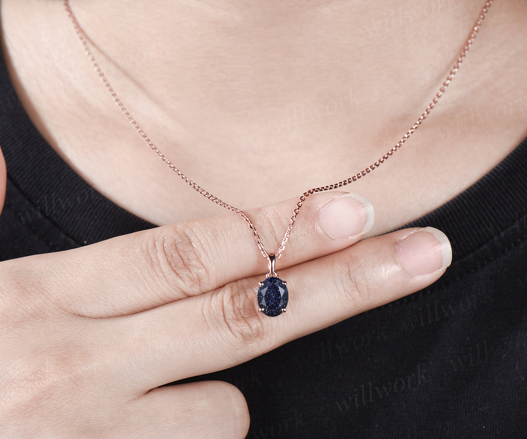 Unique Galaxy Oval Cut Blue Sandstone Necklace Art Deco Healing Blue Gemstone Solitaire Pendant 14k Rose Gold Starry Sky Necklace Birthday Promise Anniversary Necklace Jewelry Gift