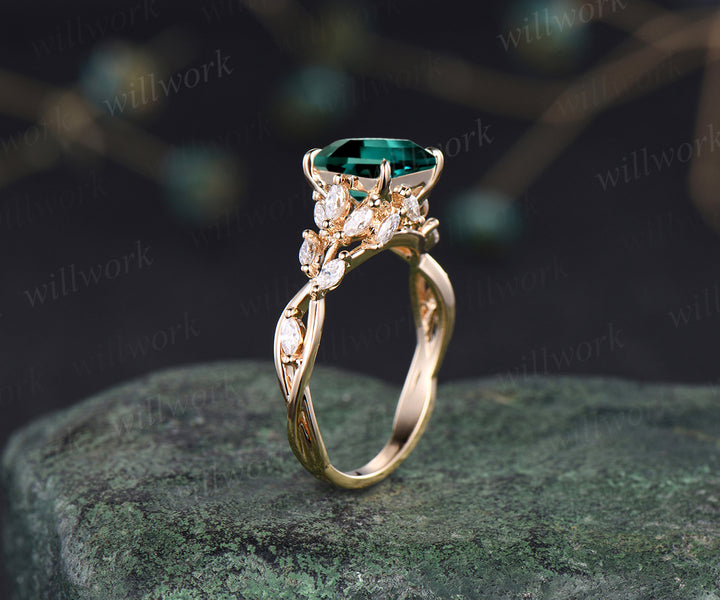 Unique princess cut emerald engagement ring marquise moissanite cluster twig floral ring May birthstone anniversary wedding ring