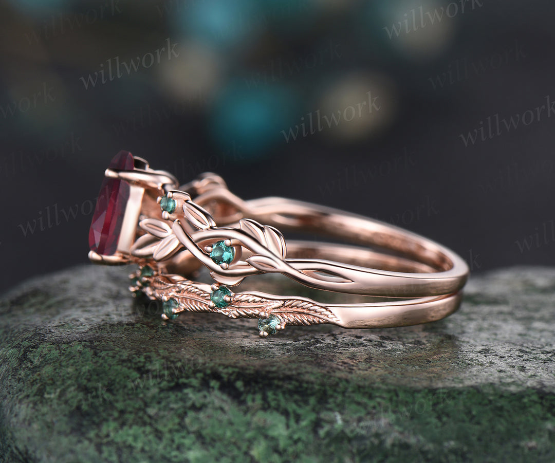 July Birthstone Teardrop Ruby Engagement Ring Set Unique Round Emerald Wedding Ring Leaf Vine Twig Branch Floral Nature Inspired 2pcs Bridal Ring Set