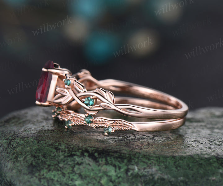 July Birthstone Teardrop Ruby Engagement Ring Set Unique Round Emerald Wedding Ring Leaf Vine Twig Branch Floral Nature Inspired 2pcs Bridal Ring Set