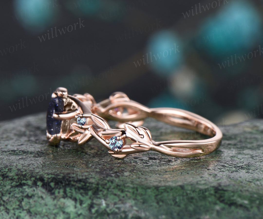 Vintage Galaxy Round Cut Blue Sandstone Engagement Ring Unique Leaf Vine Twig Branch Alexandrite Wedding Ring Moon Star Nature Inspired Bridal Anniversary Ring