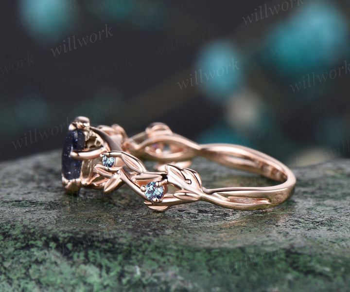 Vintage Galaxy Round Cut Blue Sandstone Engagement Ring Unique Leaf Vine Twig Branch Alexandrite Wedding Ring Moon Star Nature Inspired Bridal Anniversary Ring