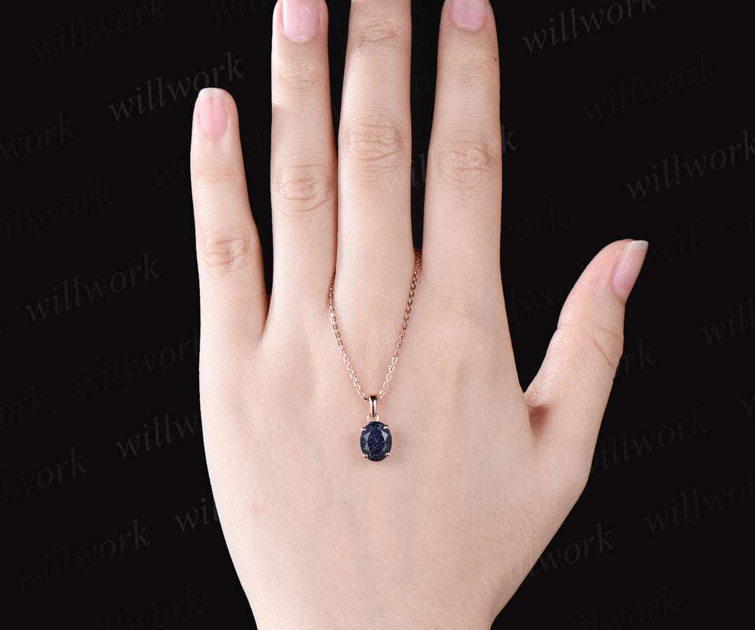 Unique Galaxy Oval Cut Blue Sandstone Necklace Art Deco Healing Blue Gemstone Solitaire Pendant 14k Rose Gold Starry Sky Necklace Birthday Promise Anniversary Necklace Jewelry Gift