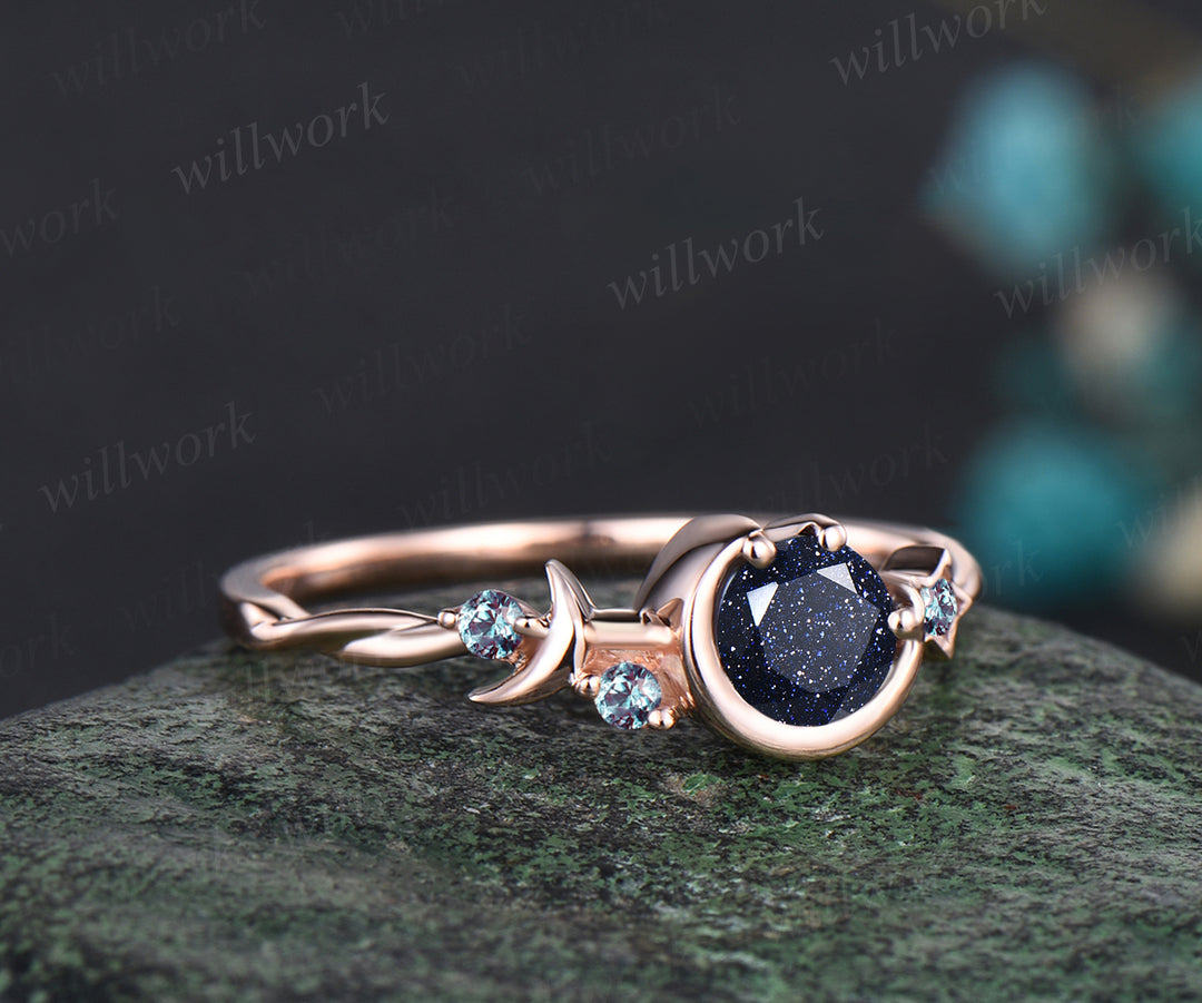 Round Cut Blue Sandstone Engagement Ring Unique Moon Star Twisted Ring Art Deco Opal Moonstone Anniversary Gift Women Jewelry