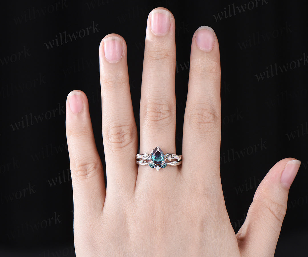 Vintage June Birthstone Pear Cut Alexandrite Engagement Ring Set Five Stone Opal Wedding Band Nature Inspired 2pcs Bridal Ring Set Vine Twig Branch Leaf Promise Ring Set
