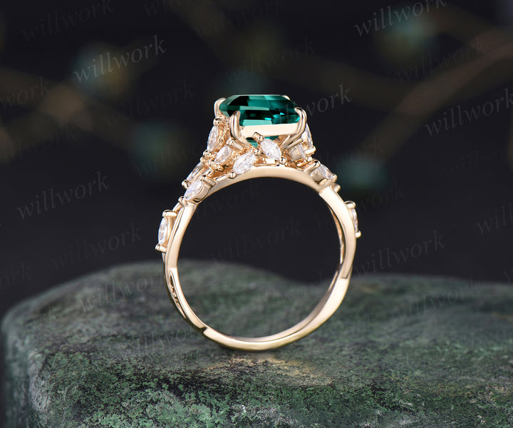 Unique princess cut emerald engagement ring marquise moissanite cluster twig floral ring May birthstone anniversary wedding ring