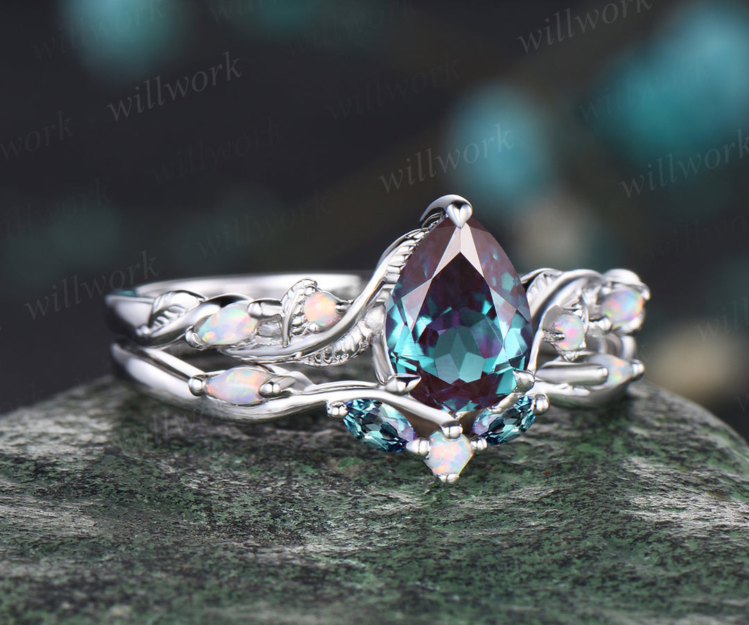 Vintage June Birthstone Pear Cut Alexandrite Engagement Ring Set Five Stone Opal Wedding Band Nature Inspired 2pcs Bridal Ring Set Vine Twig Branch Leaf Promise Ring Set