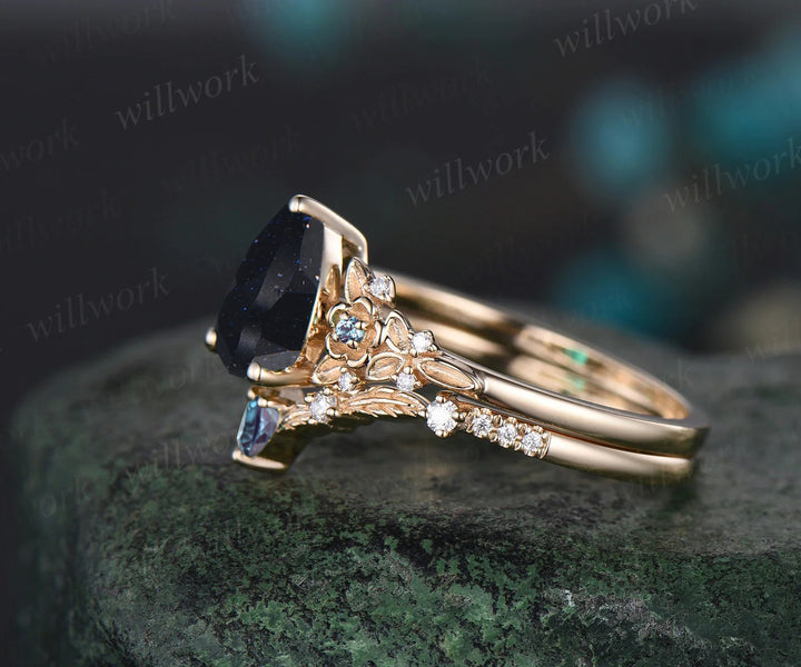 Unique Leaf Flower Nature Inspired Ring Teardrop Blue Sandstone Engagement Ring Set Art Deco Alexandrite Moissanite Galaxy Healing Jewelry