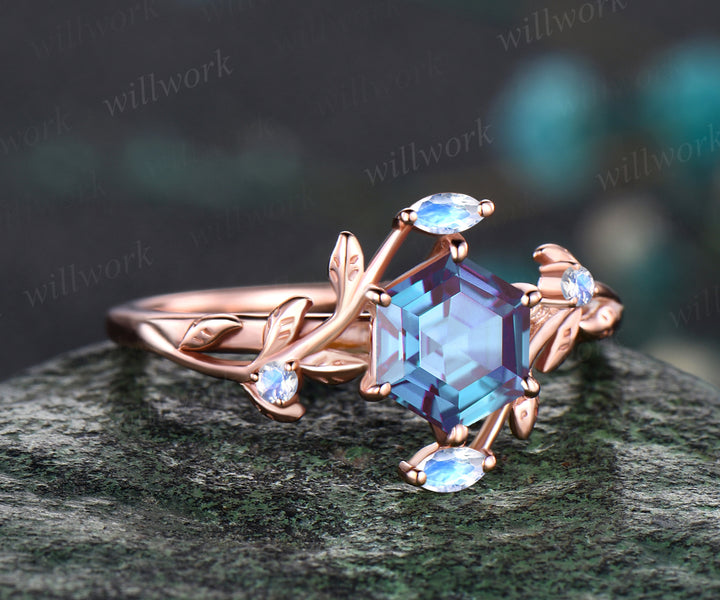 Unique Leaf Floral Vine Twig Branch Nature Inspired Ring Hexagon Cut June Birthstone Alexandrite Engagement Ring Natural Moonstone Five Stone Bridal Ring