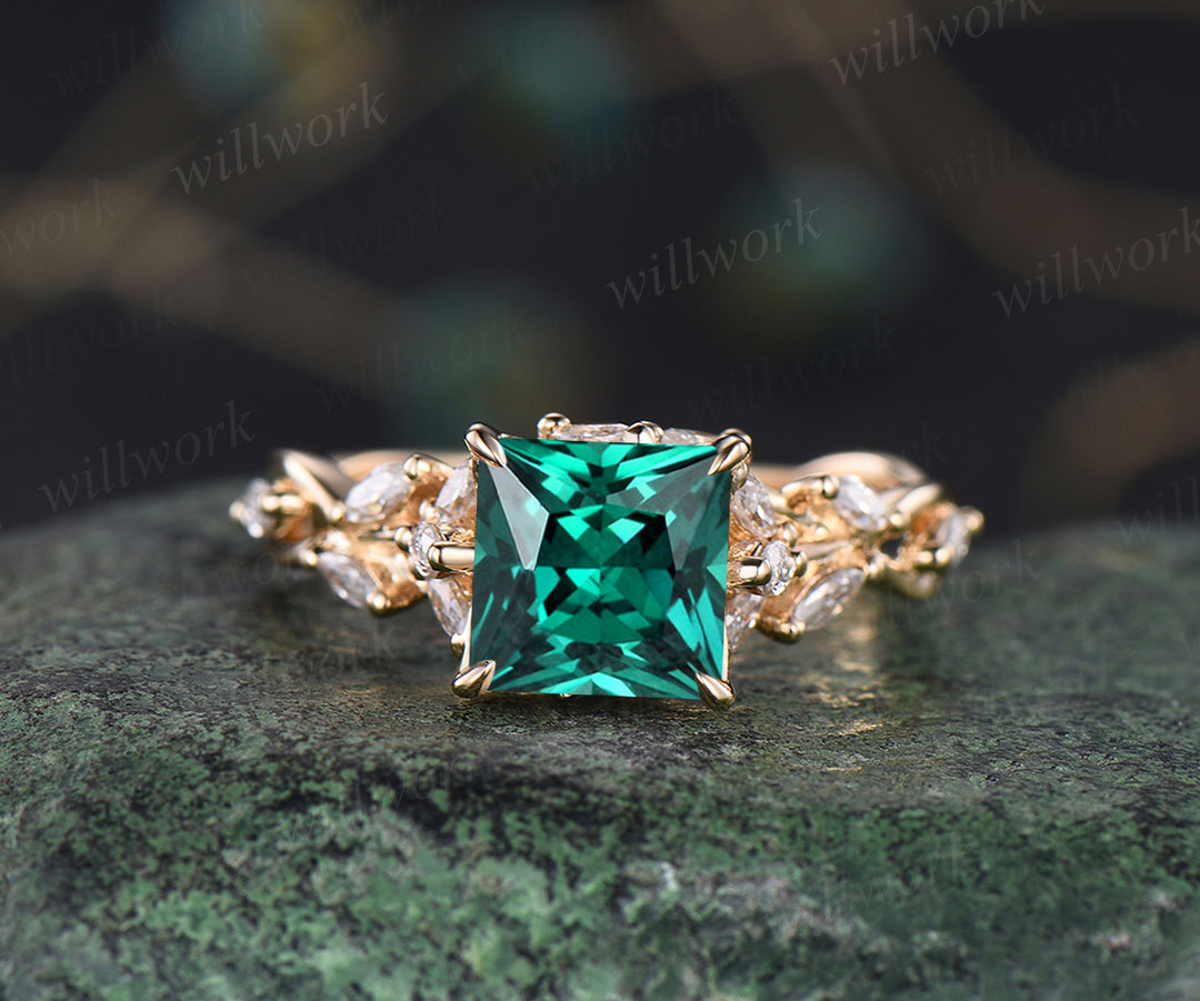 Unique princess cut emerald engagement ring marquise moissanite cluster twig floral ring May birthstone anniversary wedding ring