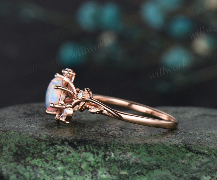Hexagon white opal engagement ring rose gold leaf twisted leaf marquise diamond ring women antique anniversary ring gift