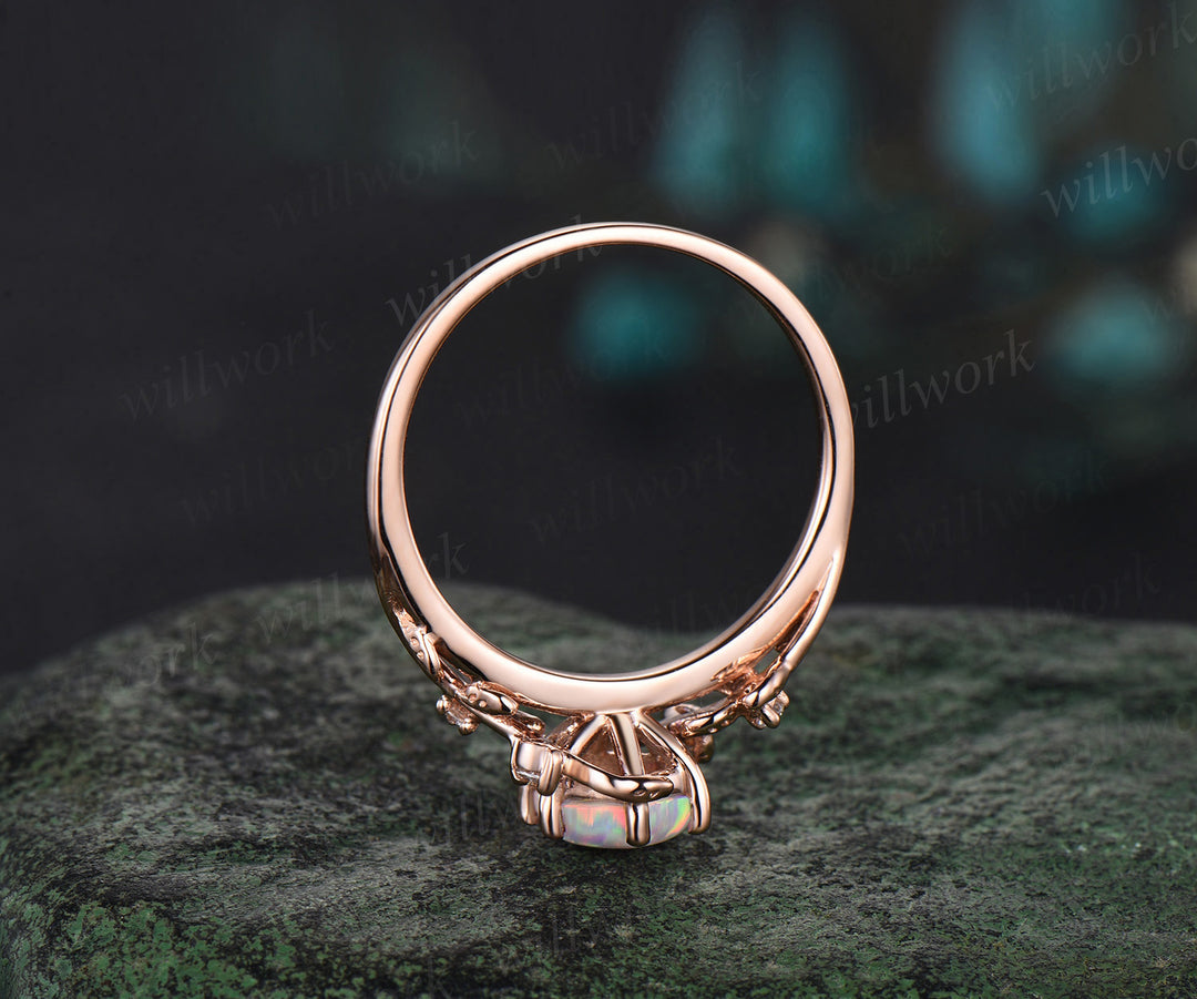 Hexagon white opal engagement ring rose gold leaf twisted leaf marquise diamond ring women antique anniversary ring gift
