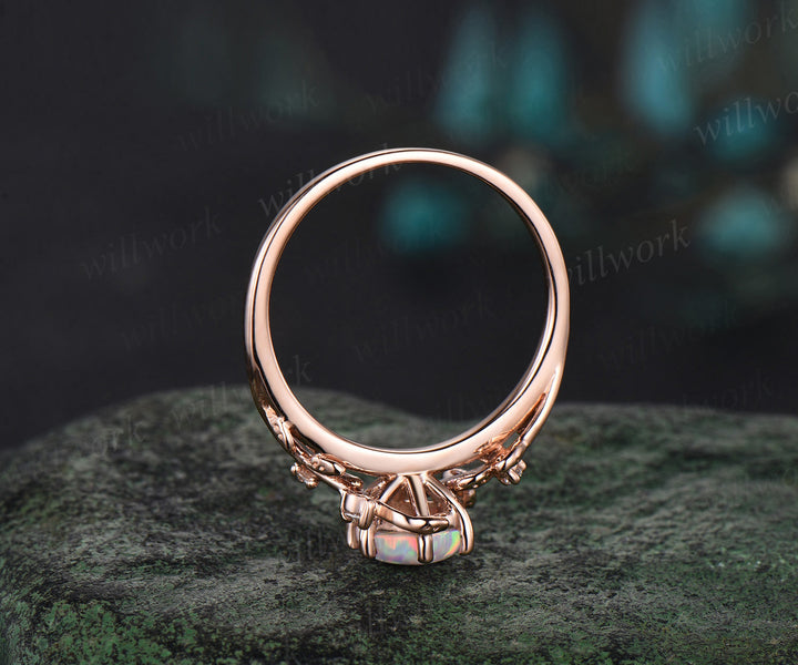 Hexagon white opal engagement ring rose gold leaf twisted leaf marquise diamond ring women antique anniversary ring gift