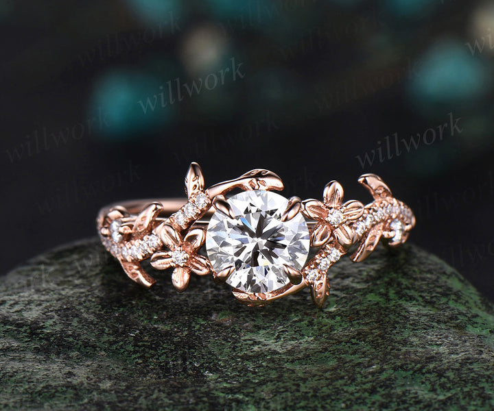 1 Carat Round IGI Lab Grown Diamond Ring 14k Rose Gold Flower Engagement Ring Set IGI Certified Diamond Wedding Ring Nature Entangled Vines Ring