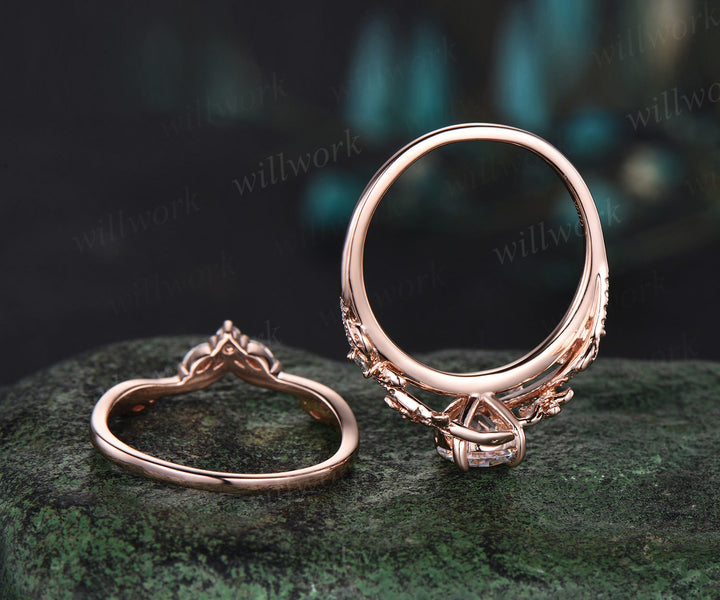 1 Carat Round IGI Lab Grown Diamond Ring 14k Rose Gold Flower Engagement Ring Set IGI Certified Diamond Wedding Ring Nature Entangled Vines Ring