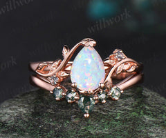 Vintage pear White Opal engagement ring rose gold cluster leaf Moss Agate nature inspired bridal promise wedding ring set women