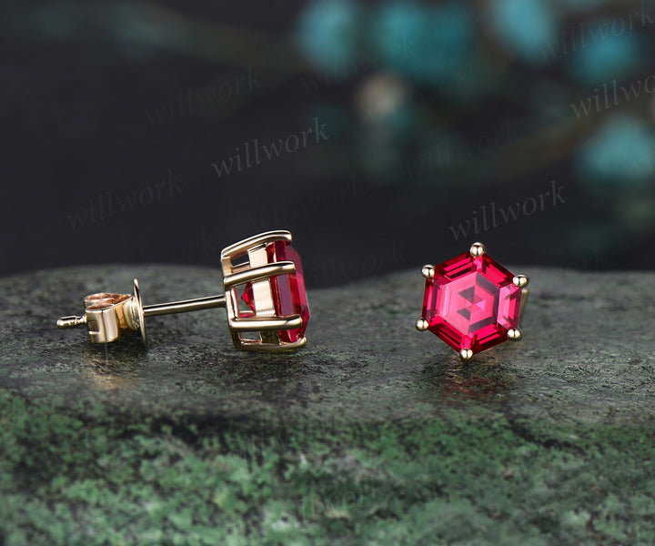 Hexagon cut red ruby stud earrings 14k yellow gold Solitaire Minimalist 6 prong earrings anniversary gift for women